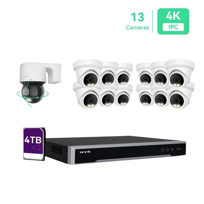 16CH IP Camera System,(12)4K Night ColorVu Cameras with (1)PT Dome Camera, 4TB HDD