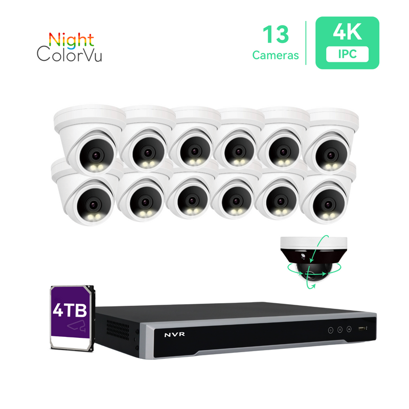16CH IP Camera System,(12)4K Night ColorVu Cameras with (1)Mini PTZ camera, 4TB HDD