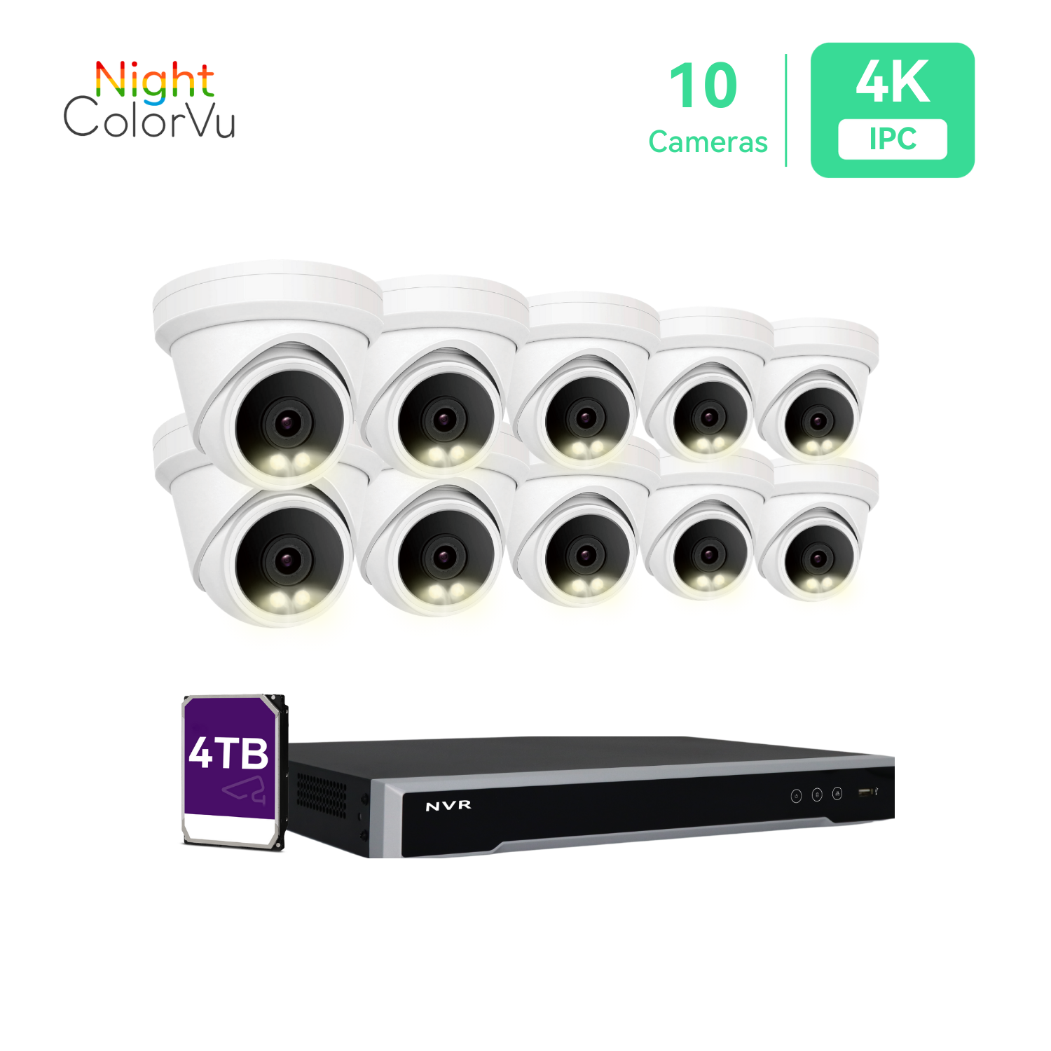 16CH PoE IP Camera System with 10*4K Night ColorVu Turret Cameras, 4TB HDD