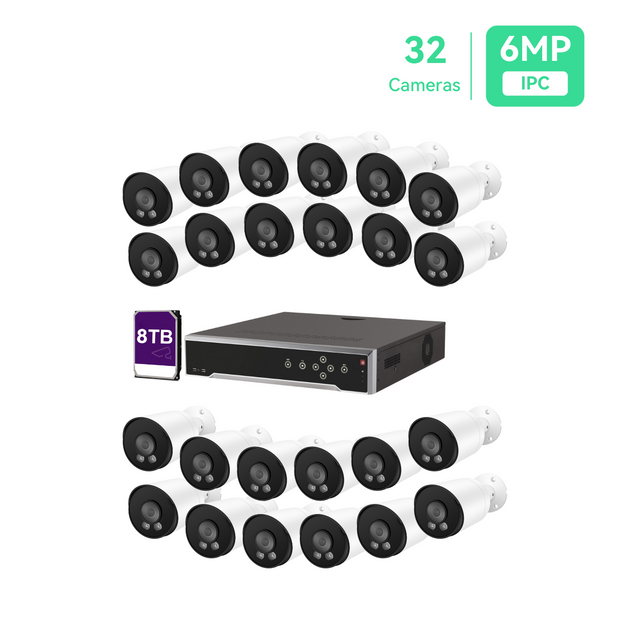 32 Ip Camera 32 Channel 4K PoE IP Camera System with 24* 6MP Bullet Cameras, 8TB HD ...
