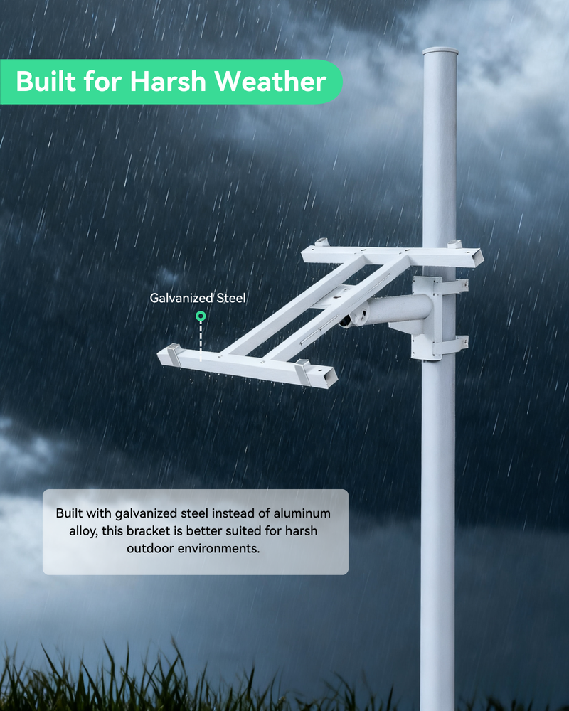 (Bracket-PanelOnePM) Pole mount bracket for solar power panel single unit installation, adjustable width 49cm to 71cm