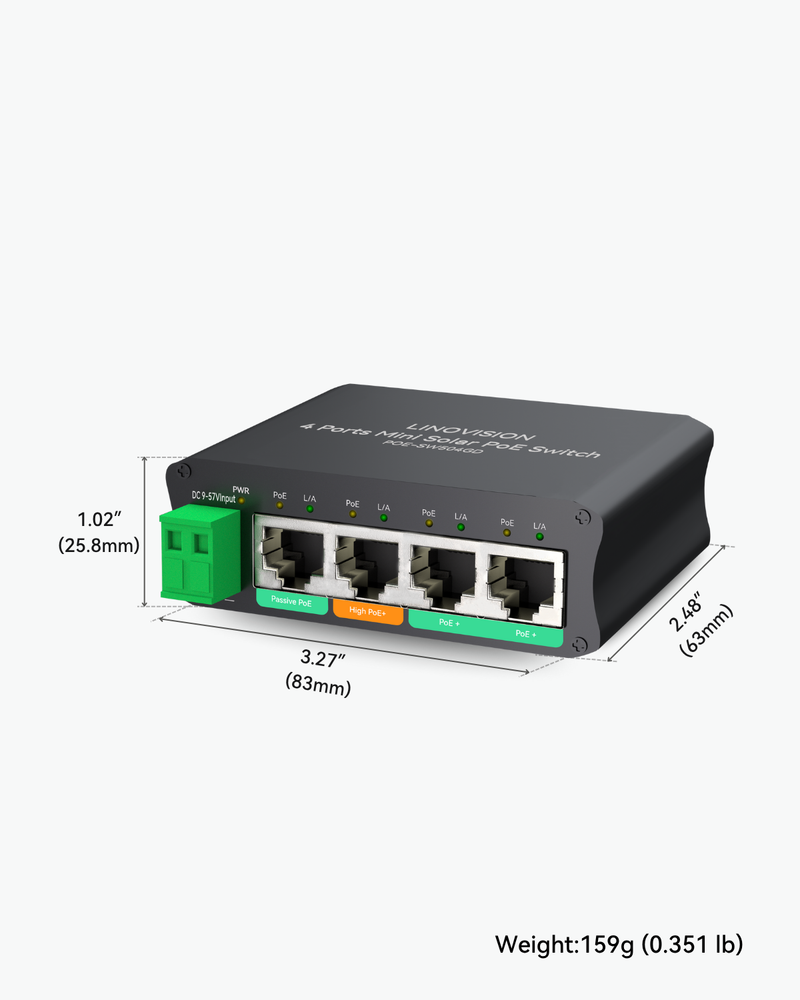 (POE-SW504GD) 4 Ports Mini Solar PoE Switch Optimized for Big PTZ Camera and Wireless Bridges