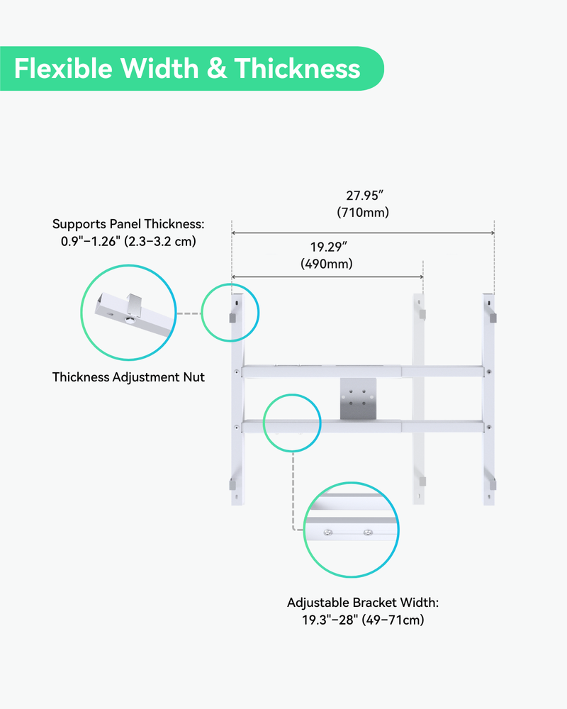 (Bracket-PanelOnePM) Pole mount bracket for solar power panel single unit installation, adjustable width 49cm to 71cm