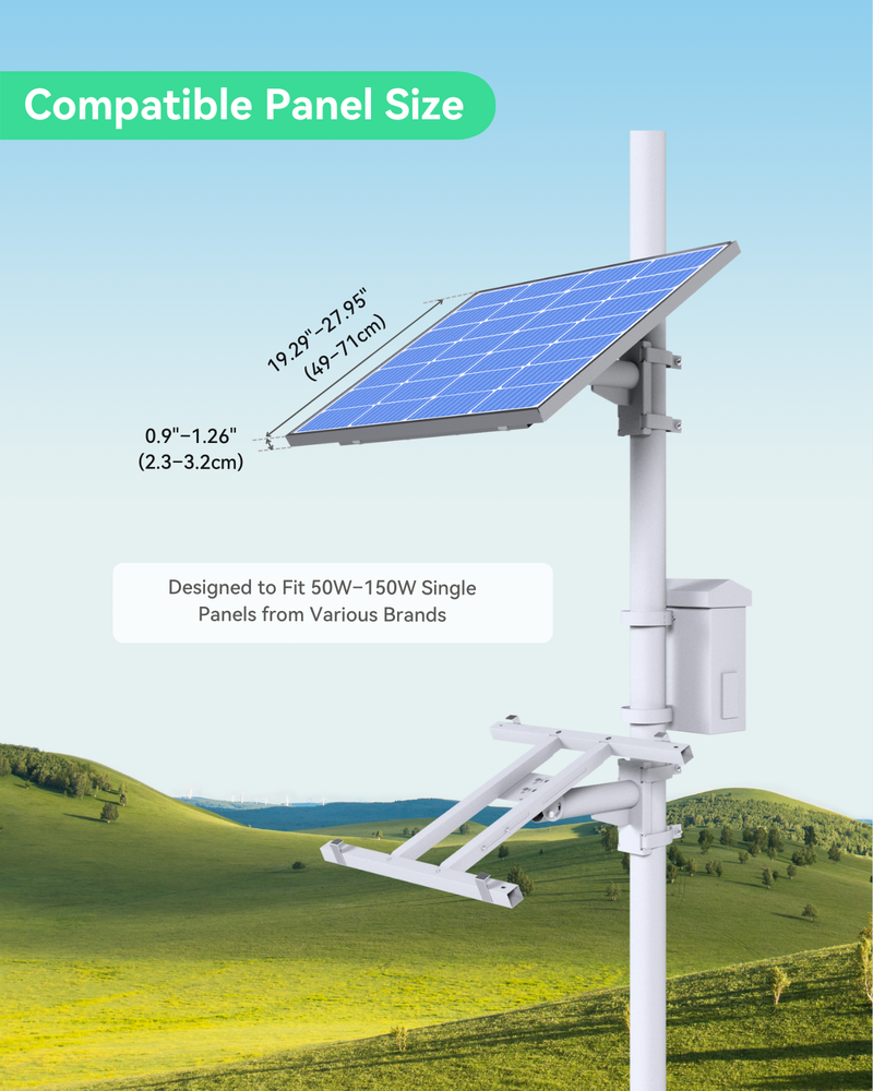(Bracket-PanelOnePM) Pole mount bracket for solar power panel single unit installation, adjustable width 49cm to 71cm