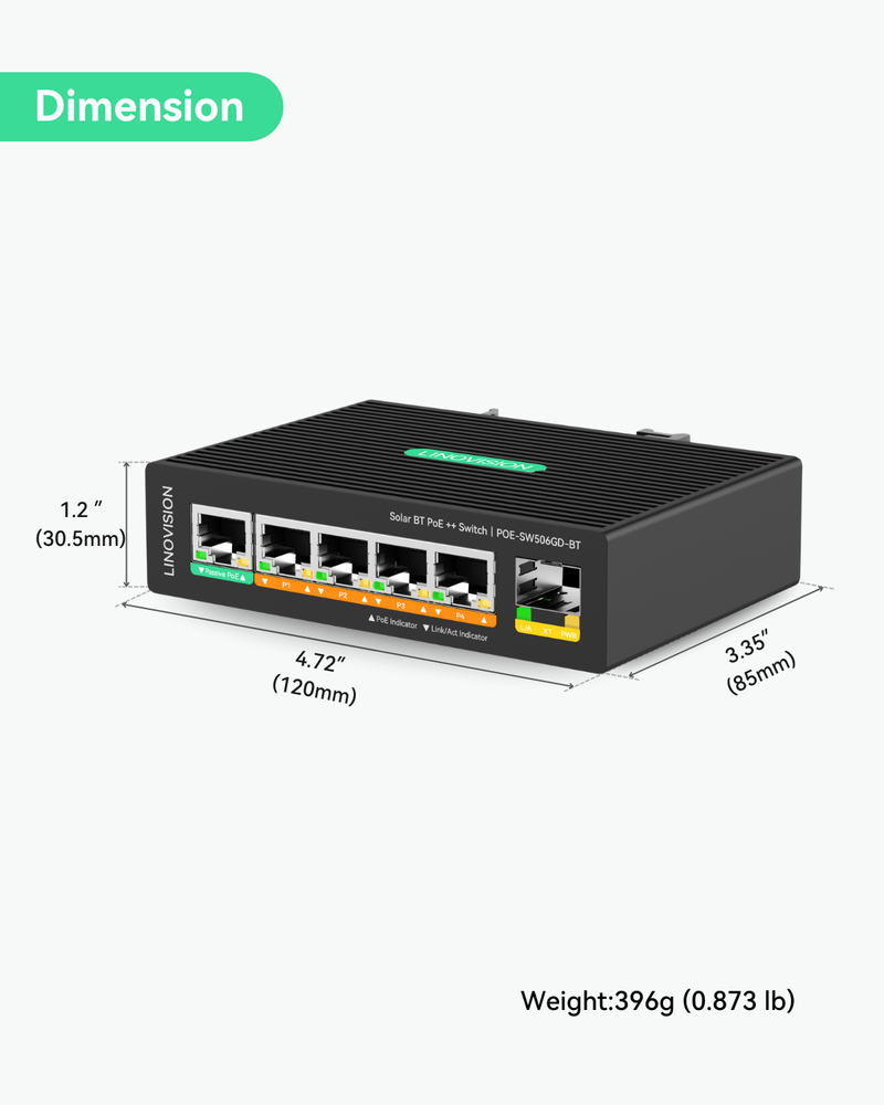 (POE-SW506GD-BT) 5 Ports Solar DC12V BT PoE++ Switch Support DC 9-54V Input