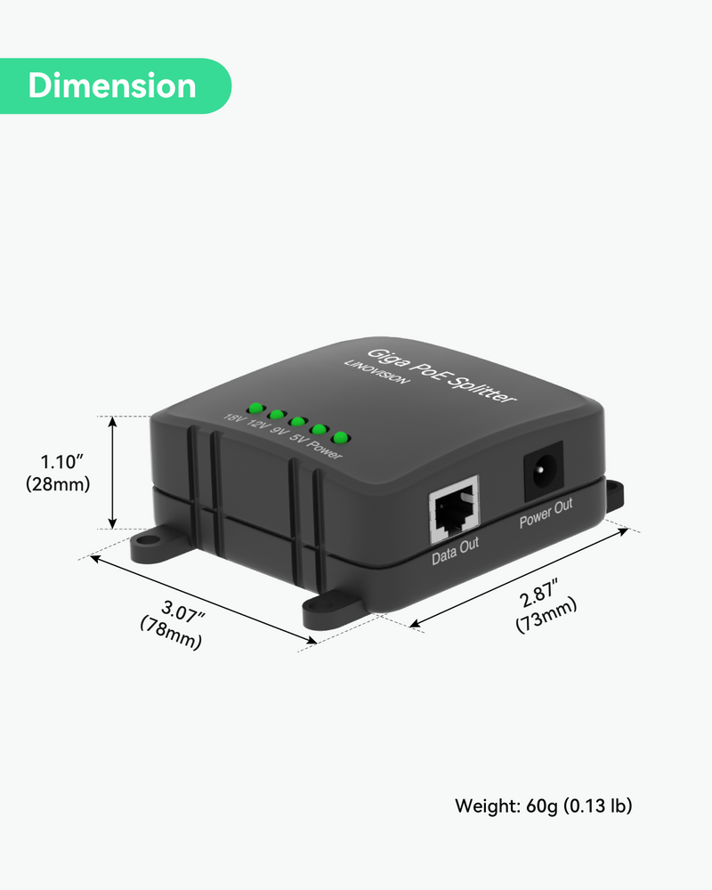 30W Gigabit PoE Splitter to DC 5/9/12/18V Output