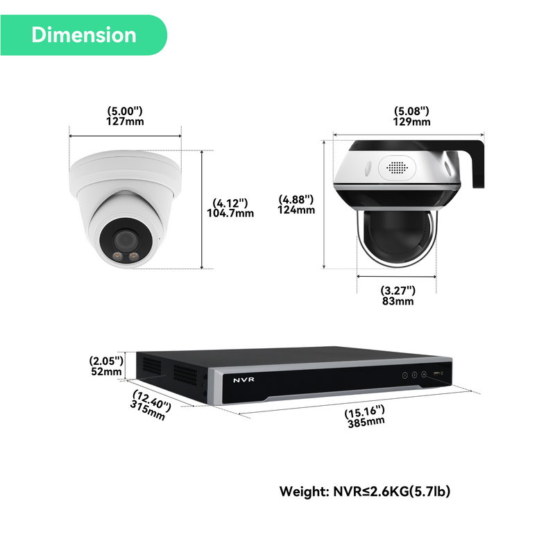 16CH IP Camera System,(12)4K Night ColorVu Cameras with (1)Mini PTZ camera, 4TB HDD (KIT1612T8PTZ)