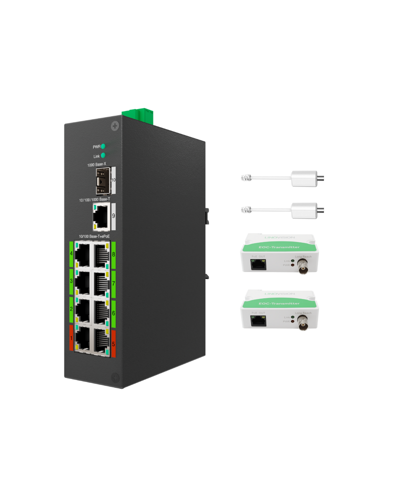 Commutateur ePOE hybride POE et EOC industriel à 8 ports avec technologie Ethernet sur coaxial Prend en charge la transmission POE sur coaxial Livré avec 4 adaptateurs EOC et émetteurs EOC