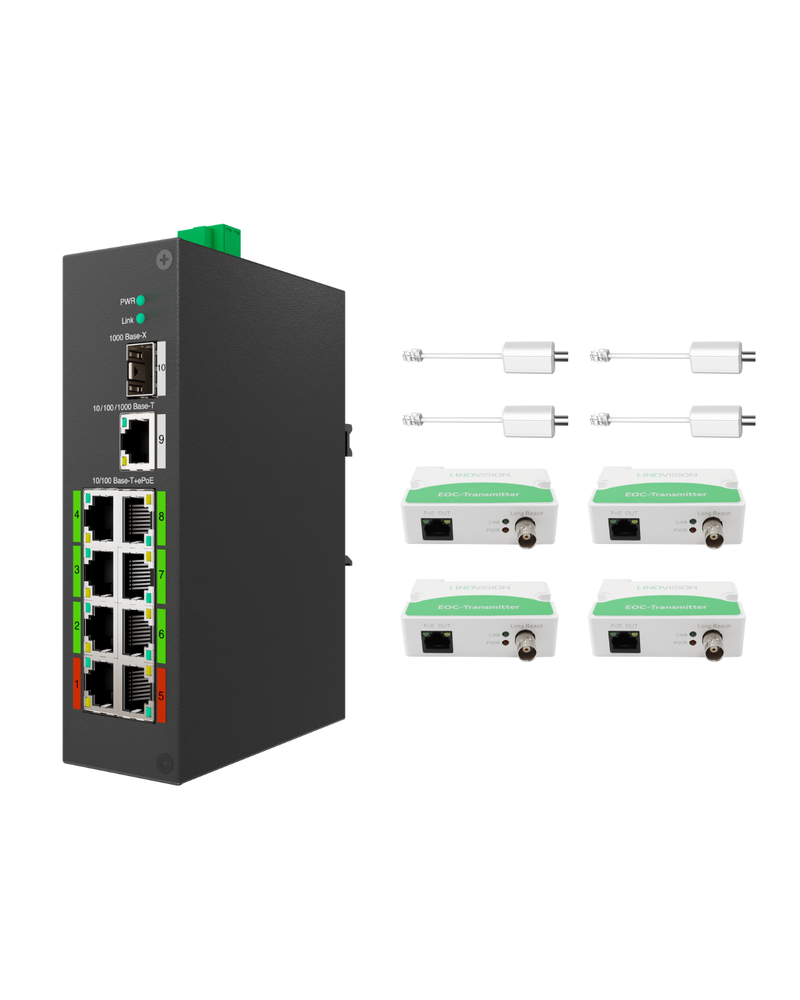 Commutateur ePOE hybride POE et EOC industriel à 8 ports avec technologie Ethernet sur coaxial Prend en charge la transmission POE sur coaxial Livré avec 4 adaptateurs EOC et émetteurs EOC