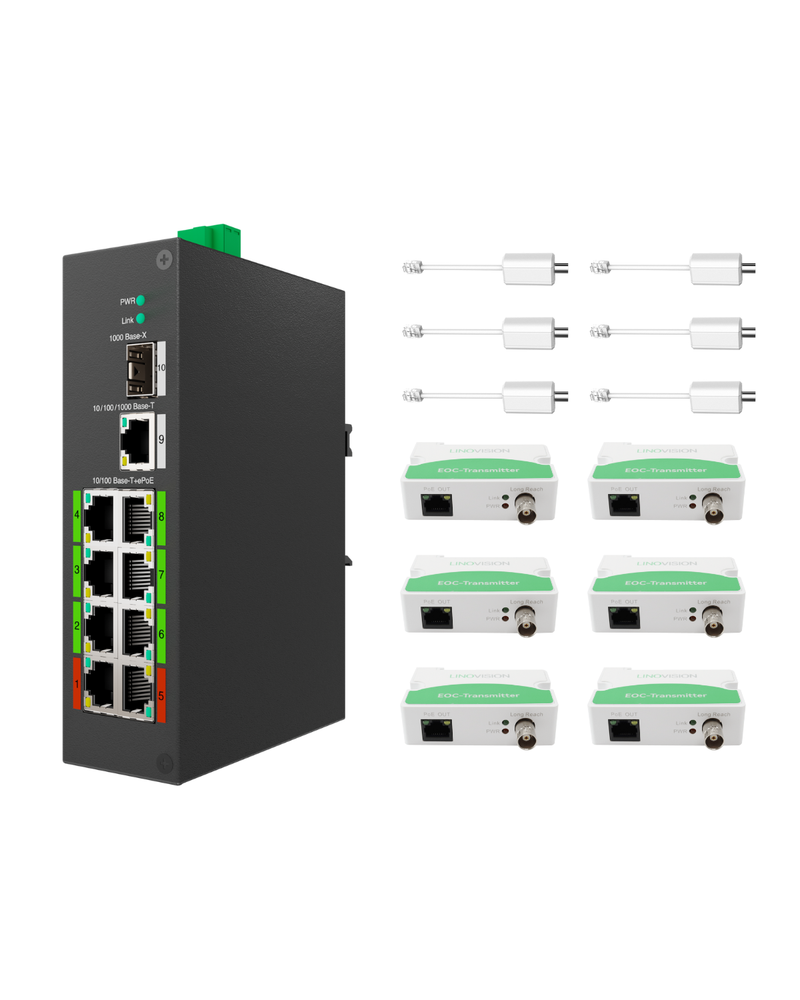 Commutateur ePOE hybride POE et EOC industriel à 8 ports avec technologie Ethernet sur coaxial Prend en charge la transmission POE sur coaxial Livré avec 4 adaptateurs EOC et émetteurs EOC