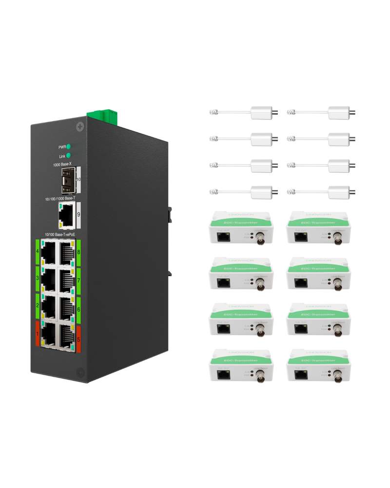 Commutateur ePOE hybride POE et EOC industriel à 8 ports avec technologie Ethernet sur coaxial Prend en charge la transmission POE sur coaxial Livré avec 4 adaptateurs EOC et émetteurs EOC