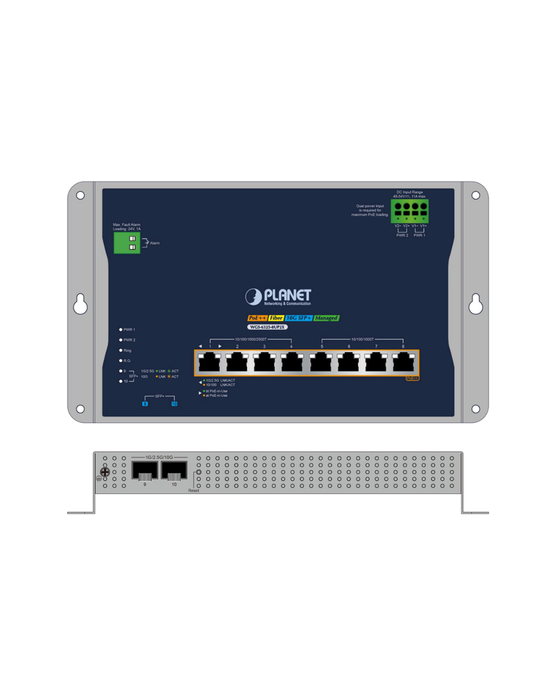 PLANET WGS-6325-8UP2X  Industrial Flat Wall Mount L3 Managed 8 Ports 802.3bt PoE++ Switch