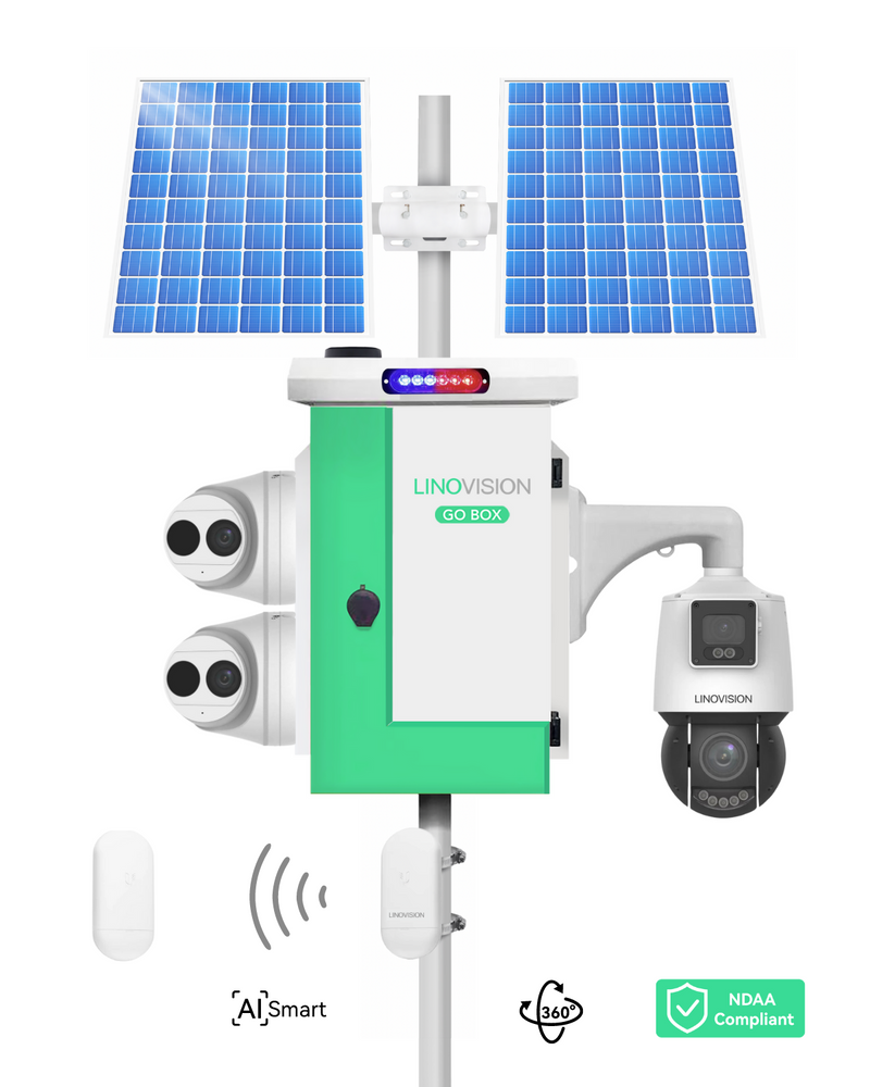 (GO BOX-V1200PU-PTZ-2T4 NDAA) Commercial Solar Powered Cameras System with Paired Wireless Bridge