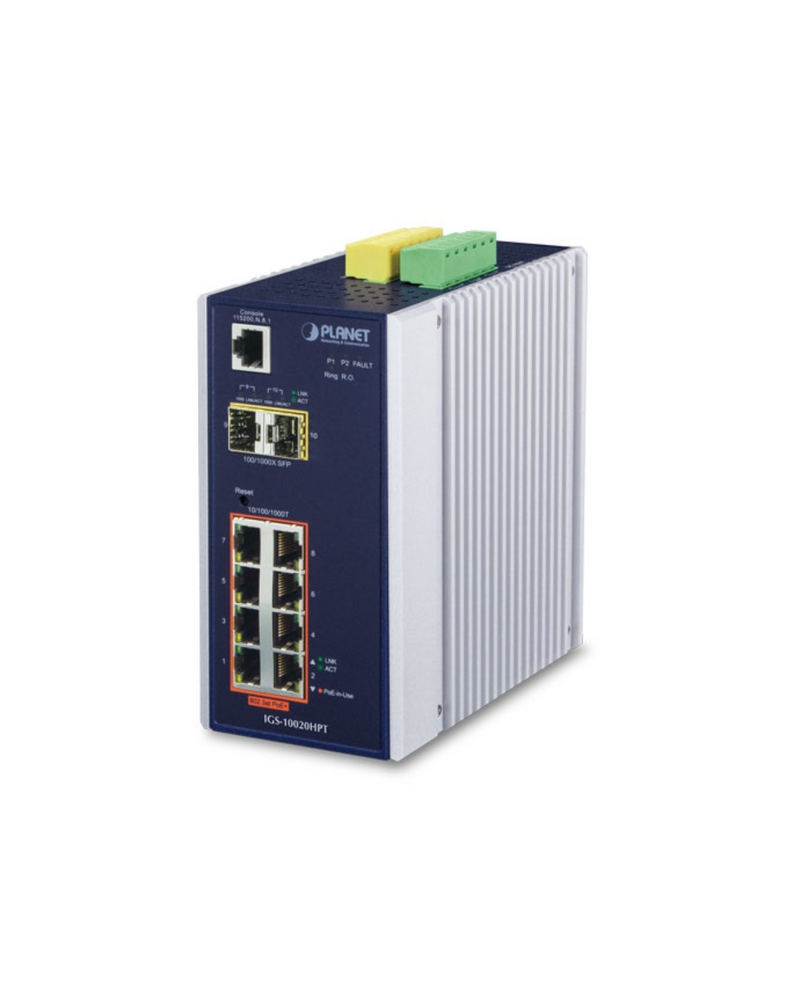 PLANET IGS-10020HPT IP30 Industrial SNMP Switch 8-Port 10/100/1000Base-TX 802.3at PoE + 2-Port 100/1000FX (SFP)