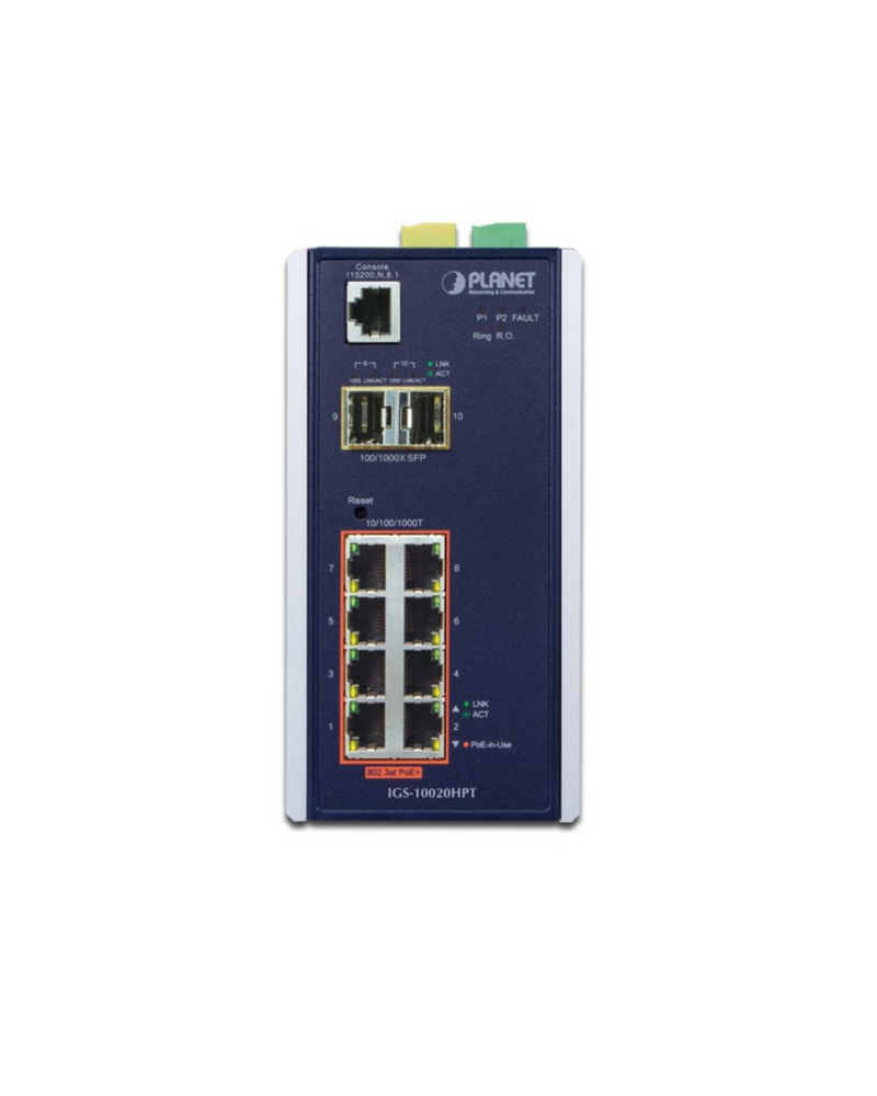 PLANET IGS-10020HPT IP30 Industrial SNMP Switch 8-Port 10/100/1000Base-TX 802.3at PoE + 2-Port 100/1000FX (SFP)