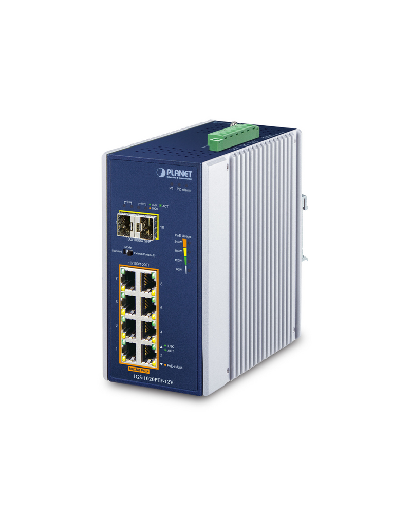 PLANET IGS-1020PTF-12V Industrial 8-Port 10/100/1000T 802.3at PoE + 2-Port 100/1000X SFP Ethernet Switch w/ 12V Booster