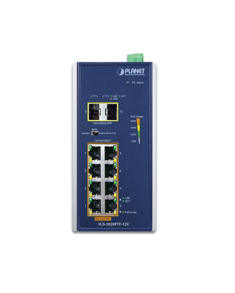 PLANET IGS-1020PTF-12V Industrial 8-Port 10/100/1000T 802.3at PoE + 2-Port 100/1000X SFP Ethernet Switch w/ 12V Booster