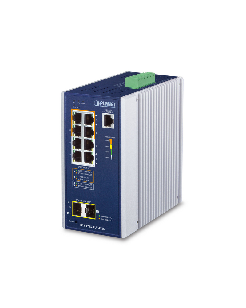 PLANET IGS-4215-4UP4T2S Industrial 4-Port 10/100/1000T 802.3bt PoE + 4-Port 10/100/1000T + 2-Port 100/1000X SFP Managed Switch