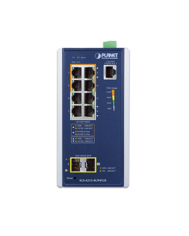 PLANET IGS-4215-4UP4T2S Industrial 4-Port 10/100/1000T 802.3bt PoE + 4-Port 10/100/1000T + 2-Port 100/1000X SFP Managed Switch