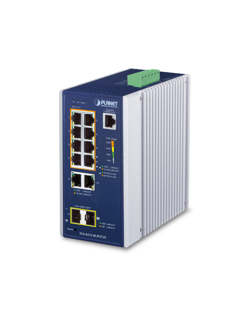 PLANET IGS-4215-8UP2T2S Industrial 8-Port 10/100/1000T 802.3bt PoE + 2-Port 10/100/1000T + 2-Port 100/1000X SFP Managed Switch