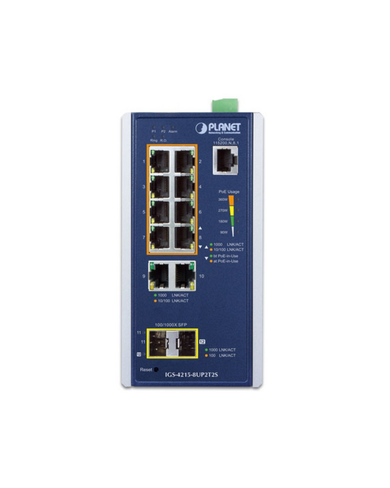PLANET IGS-4215-8UP2T2S Industrial 8-Port 10/100/1000T 802.3bt PoE + 2-Port 10/100/1000T + 2-Port 100/1000X SFP Managed Switch