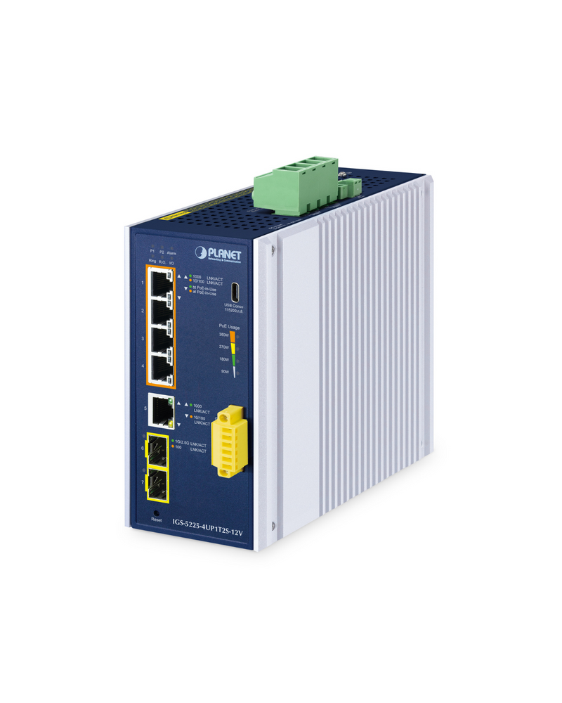 PLANET IGS-5225-4UP1T2S-12V Industrial L2+ 4-Port 10/100/1000T 802.3bt PoE + 1-Port 10/100/1000T + 2-Port 1G/2.5G SFP Managed Ethernet Switch w/12V Booster