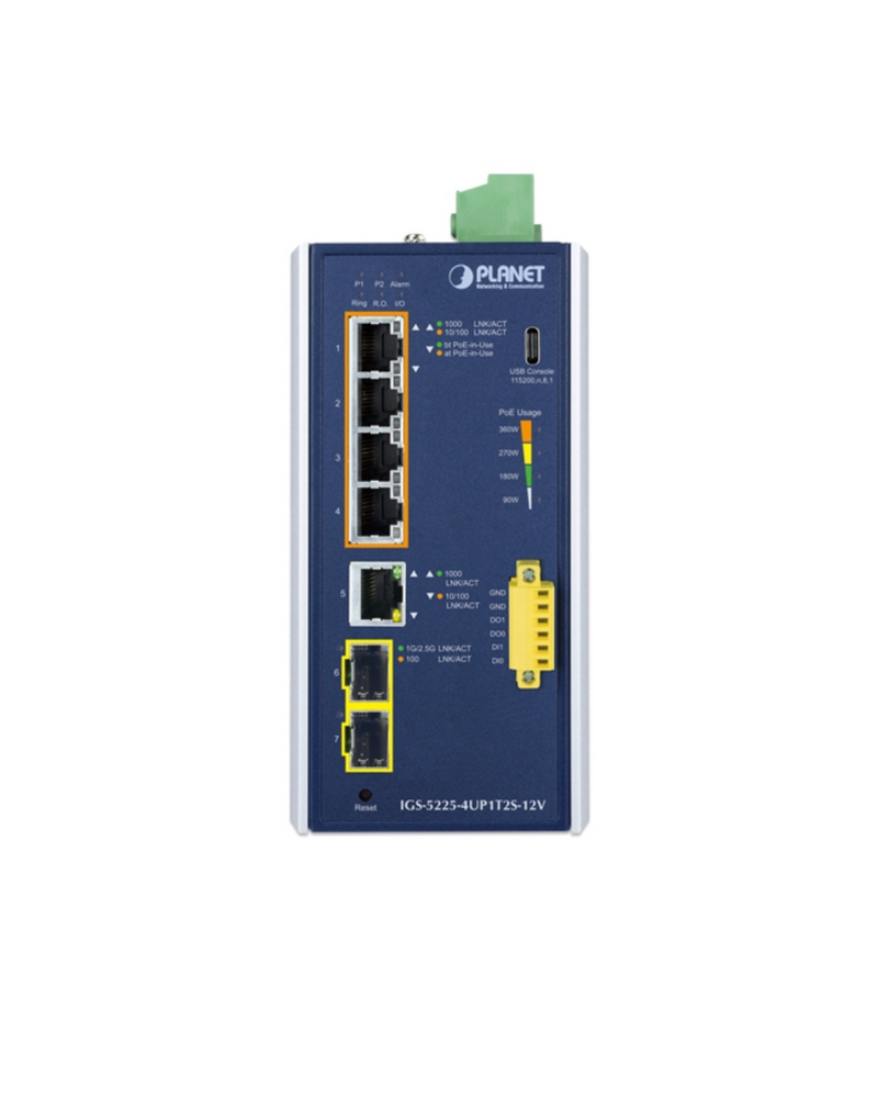 PLANET IGS-5225-4UP1T2S-12V Industrial L2+ 4-Port 10/100/1000T 802.3bt PoE + 1-Port 10/100/1000T + 2-Port 1G/2.5G SFP Managed Ethernet Switch w/12V Booster