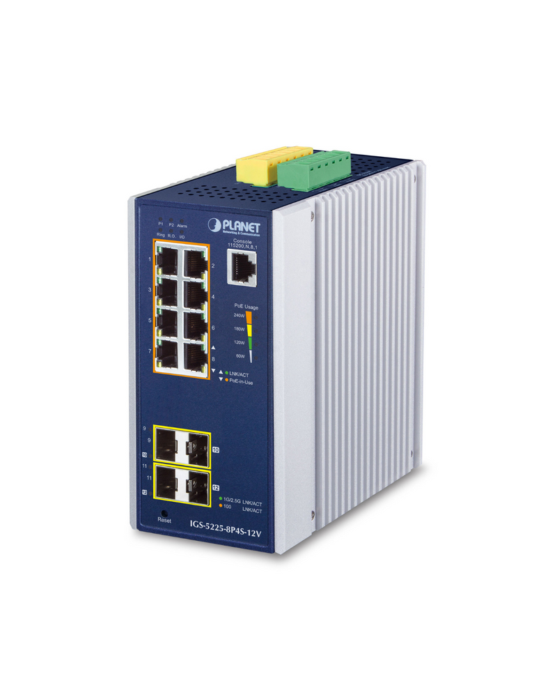 PLANET IGS-5225-8P4S-12V Industrial L2+ 8-Port 10/100/1000T 802.3at PoE + 2-Port 100/1G SFP + 2-Port 100/1G/2.5G SFP Managed Ethernet Switch w/ 12V Booster