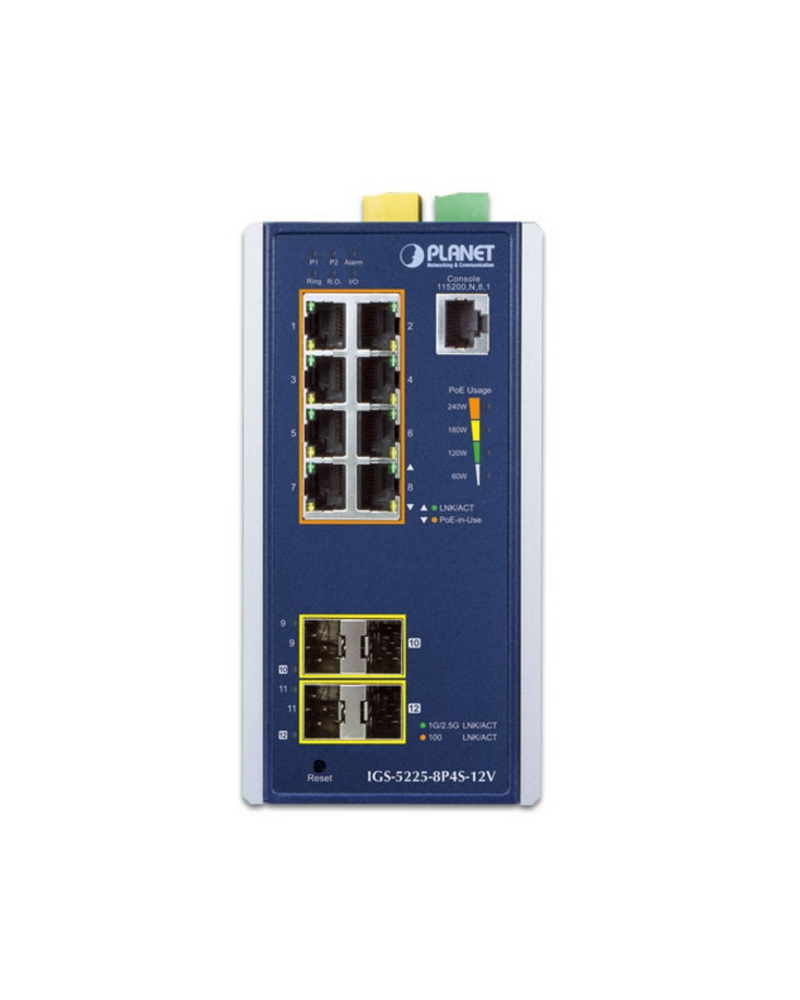 PLANET IGS-5225-8P4S-12V Industrial L2+ 8-Port 10/100/1000T 802.3at PoE + 2-Port 100/1G SFP + 2-Port 100/1G/2.5G SFP Managed Ethernet Switch w/ 12V Booster