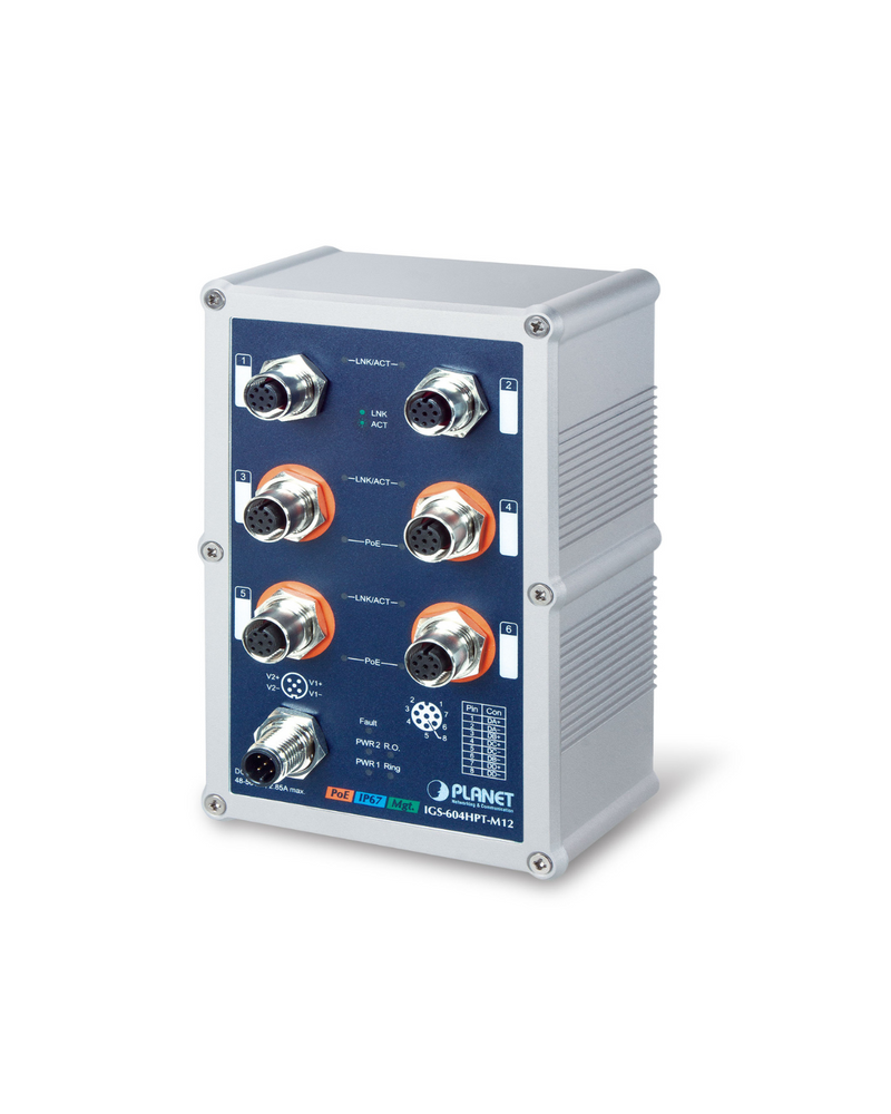 PLANET IGS-604HPT-M12 Industrial IP67 Rated 4-Port 10/100/1000T 802.3at PoE + 2-Port 10/100/1000T Managed Ethernet Switch