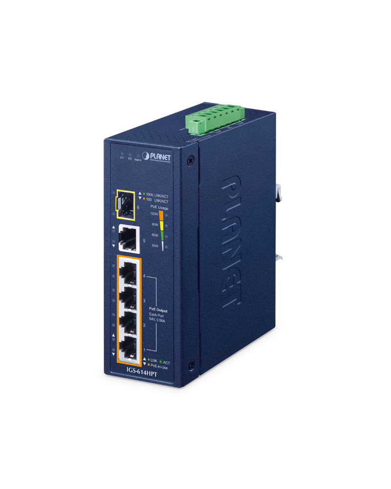 PLANET IGS-614HPT Industrial 4-Port 10/100/1000T 802.3at PoE + 1-Port 10/100/1000T + 1-Port 100/1000X SFP Gigabit Ethernet Switch