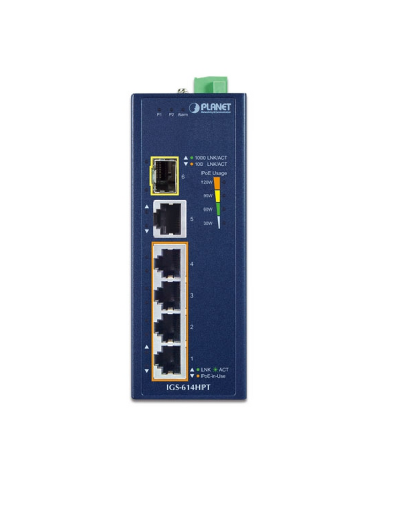 PLANET IGS-614HPT Industrial 4-Port 10/100/1000T 802.3at PoE + 1-Port 10/100/1000T + 1-Port 100/1000X SFP Gigabit Ethernet Switch