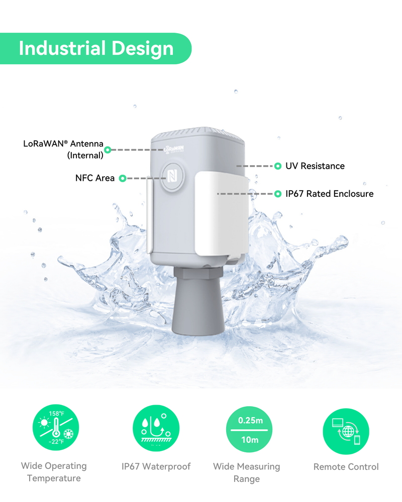 Capteur de distance/niveau à ultrasons sans fil LoRaWAN avec batterie