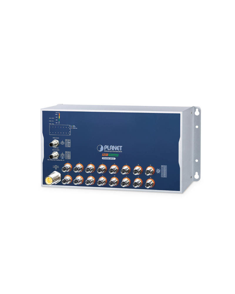 PLANET ITS-6326-16P-LV Industrial L3 16-Port 10/100/1000T 802.3at PoE M12 Managed Ethernet Switch w/ Dual Voltage Input of 24-54 VDC