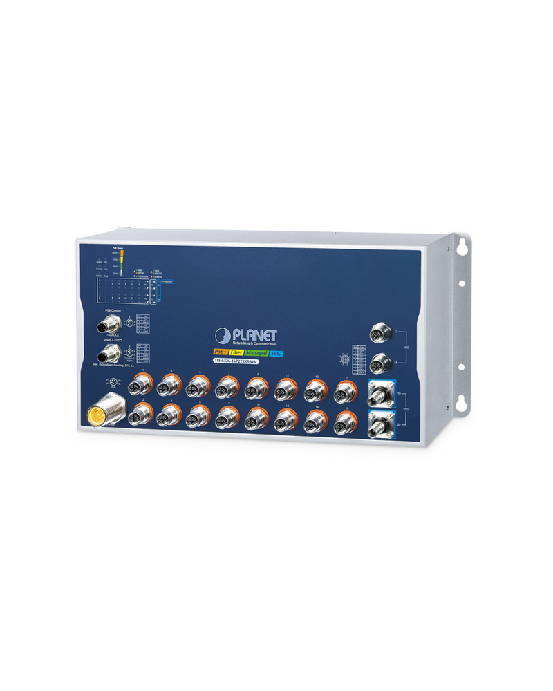 PLANET Industrial L3 16-Port 10/100/1000T with 8-/16-Port 802.3at PoE M12 + 2-Port 10GBASE-T M12 Bypass + 2-Port 10G Q-ODC Managed Ethernet Switch