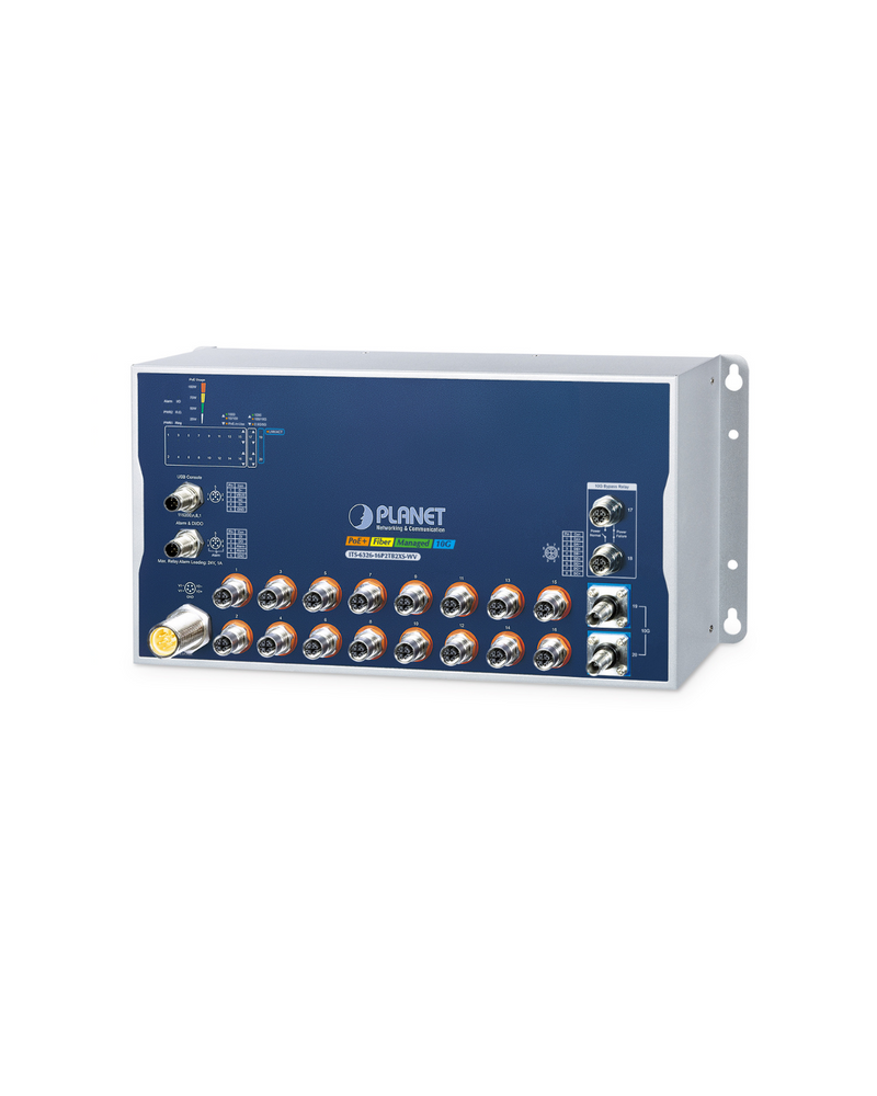 PLANET Industrial L3 16-Port 10/100/1000T with 8-/16-Port 802.3at PoE M12 + 2-Port 10GBASE-T M12 Bypass + 2-Port 10G Q-ODC Managed Ethernet Switch