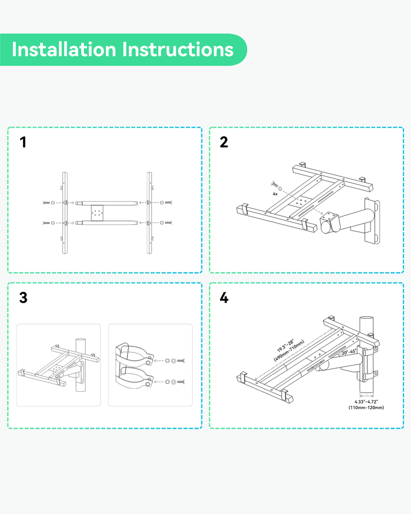 (Bracket-PanelOnePM) Pole mount bracket for solar power panel single unit installation, adjustable width 49cm to 71cm