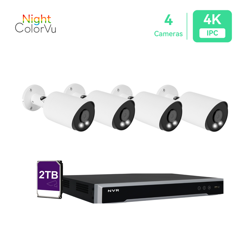 Système de caméra IP PoE NVR 8 canaux 4K H.265+ NVR 4K 8 canaux et 4 caméras de sécurité PoE Bullet colorées 8MP avec vue nocturne avec disque dur 2 To