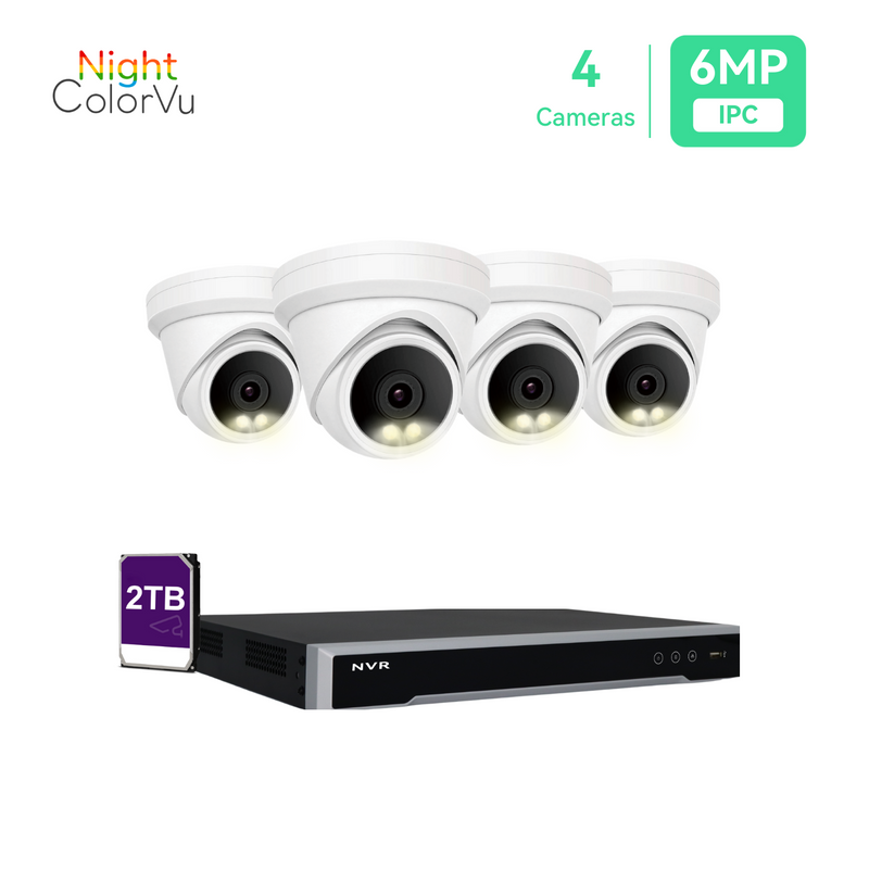 Sistema de cámara IP PoE de 8 canales y 5 MP NVR 4K de 8 canales y 4 cámaras de seguridad de torreta PoE Night ColorVu de 5 MP con disco duro de 2 TB