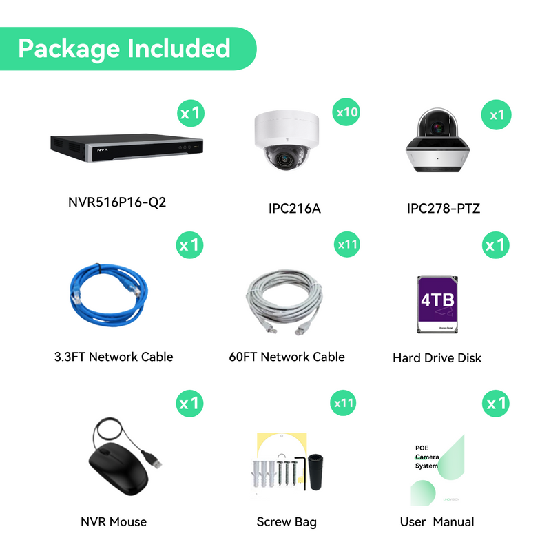 16 路 PoE IP 摄像机系统，(10)6MP PoE 摄像机，带 (1) 个迷你 PTZ 摄像机，4TB 硬盘