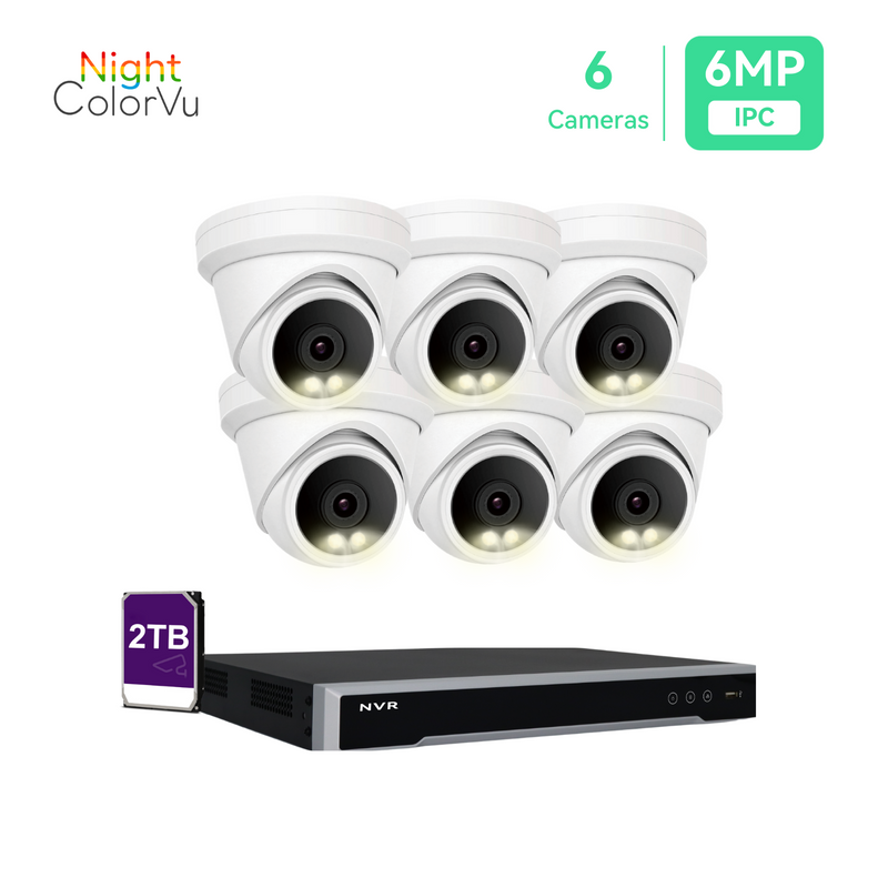 Sistema de cámara IP PoE de 8 canales y 5 MP NVR 4K de 8 canales y 6 cámaras de seguridad de torreta PoE Night ColorVu de 5 MP con disco duro de 2 TB