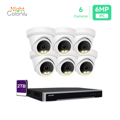 Sistema de cámara IP PoE de 8 canales y 5 MP NVR 4K de 8 canales y 6 cámaras de seguridad de torreta PoE Night ColorVu de 5 MP con disco duro de 2 TB