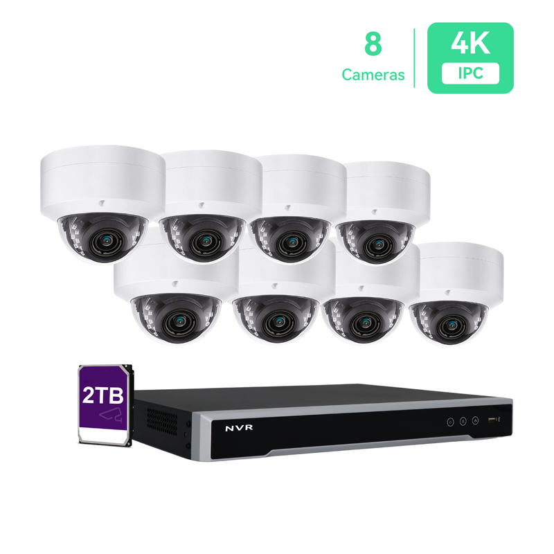 Système de caméra de sécurité IP PoE 8 canaux 4K NVR 8ch 4K avec disque dur 2 To et 8 caméras dôme IP PoE 8MP extérieures
