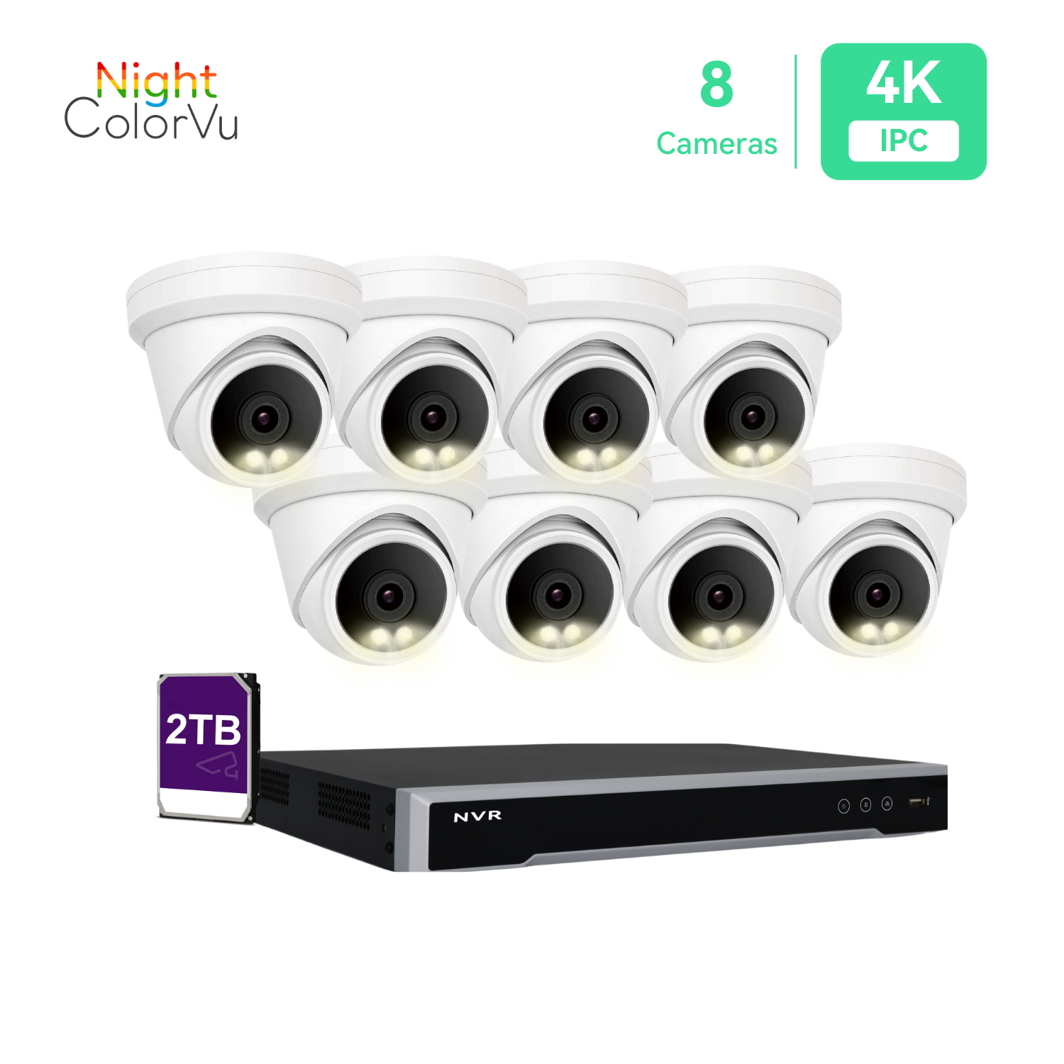 8 Channel 8MP PoE IP Camera System 8CH 4K NVR and 8 Pcs 8MP Night ColorVu PoE Turret Security Cameras with 2TB HDD