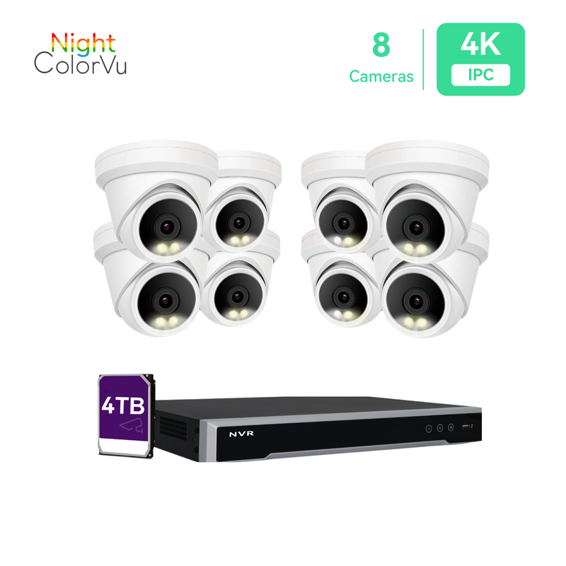 16CH PoE IP Camera System with 8*4K Night ColorVu Turret Cameras, 4TB HDD
