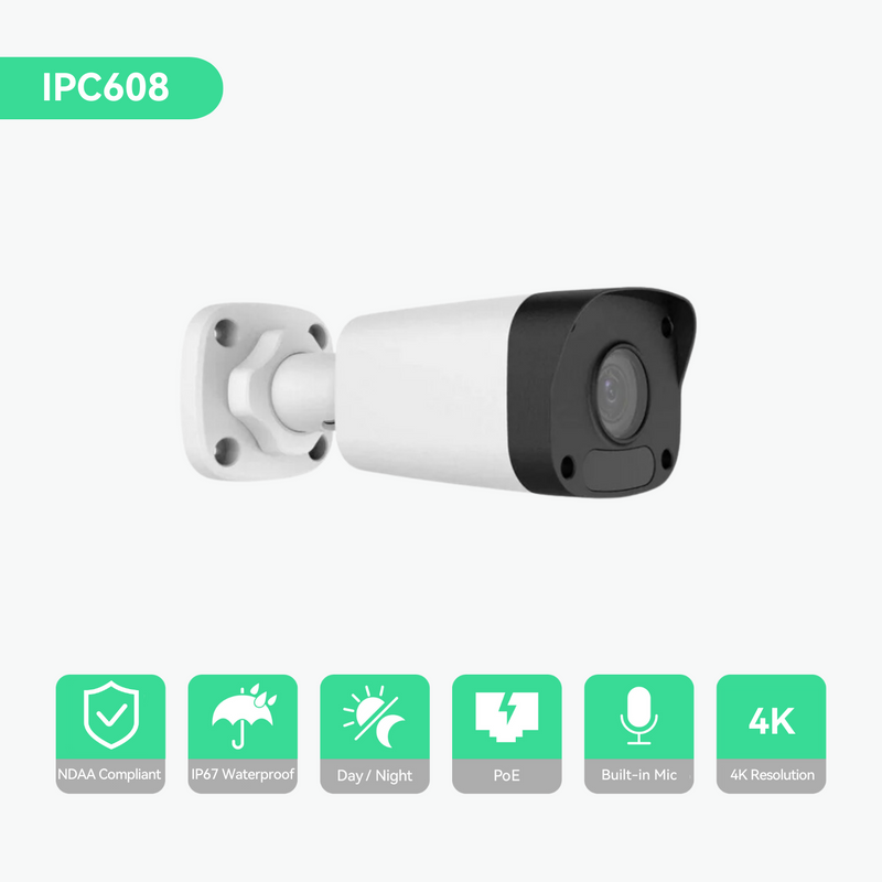 16CH 4K PoE NDAA IP Camera System with 10*4K Mini Fixed Bullet Cameras (KIT1610B8 NDAA)
