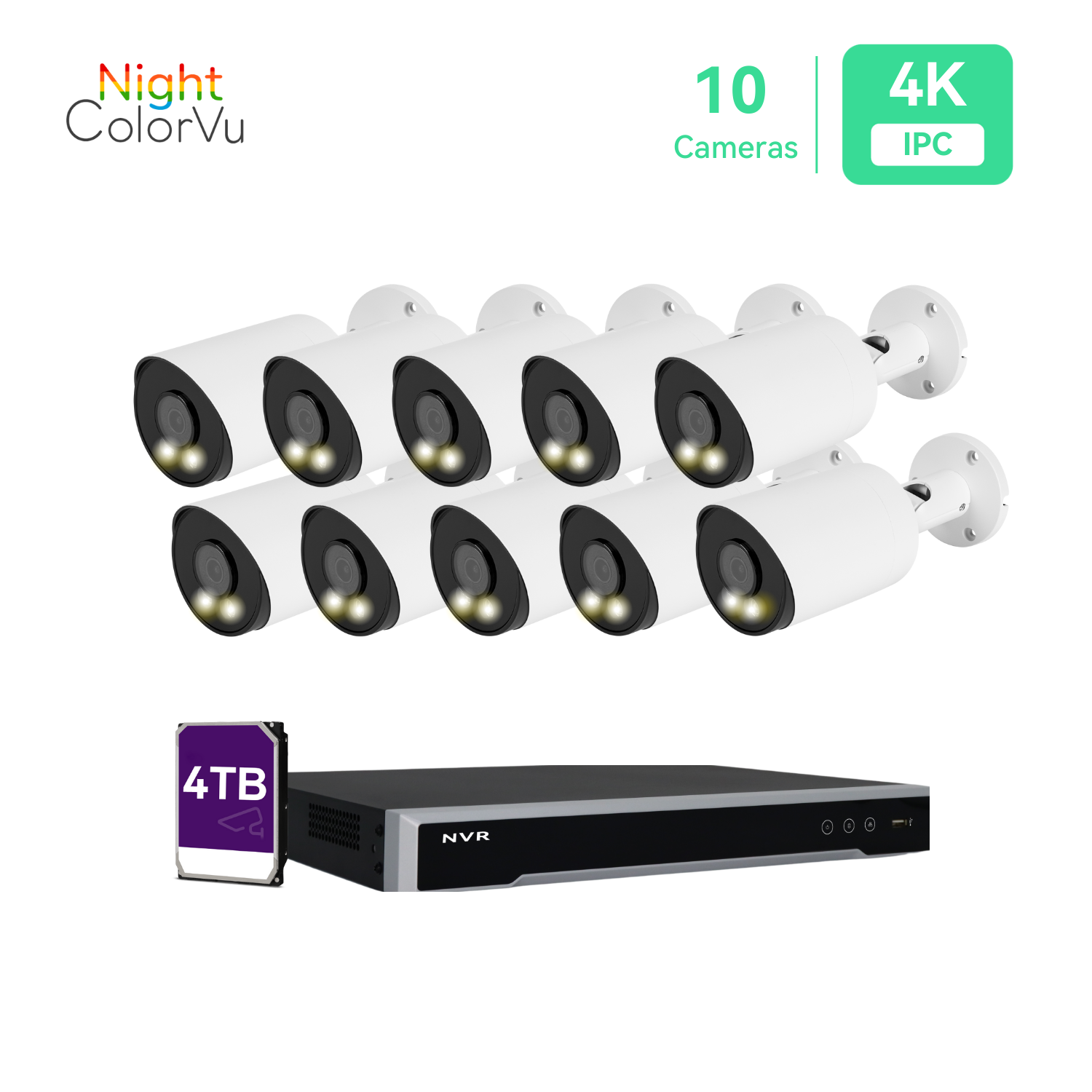 16CH PoE IP Camera System with (10) 4K Night Color Vision Cameras, 4TB HDD