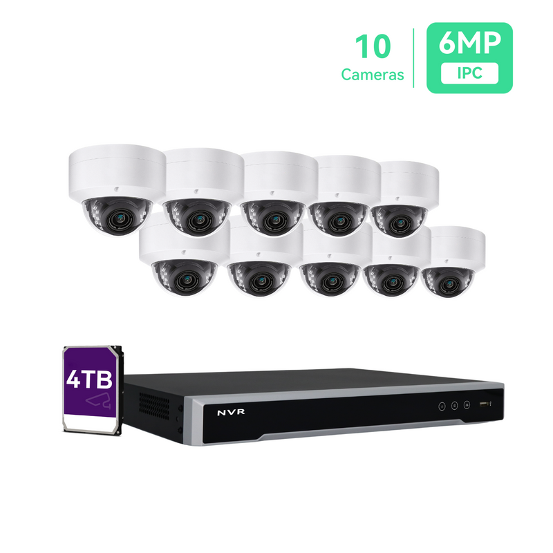 Sistema de cámara de seguridad 4K PoE de 16 canales 16CH 4K NVR y 10 cámaras IP PoE domo de 5MP para exteriores con disco duro de 4TB