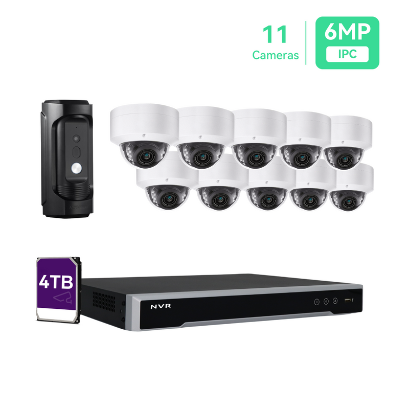16CH 4K PoE IP Camera System,(10) 6MP PoE Cameras with (1) Doorbell Camera, 4TB HDD