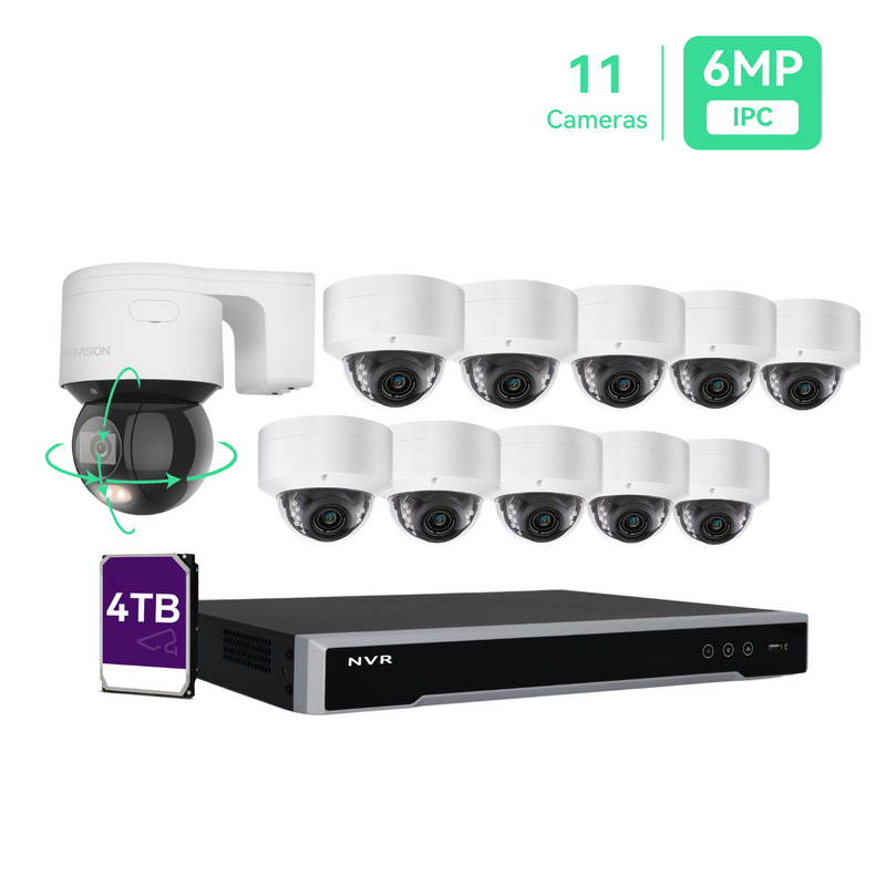 16 路 4K PoE IP 摄像机系统，(10)6MP PoE 摄像机，带 (1)PT 半球摄像机，4TB 硬盘